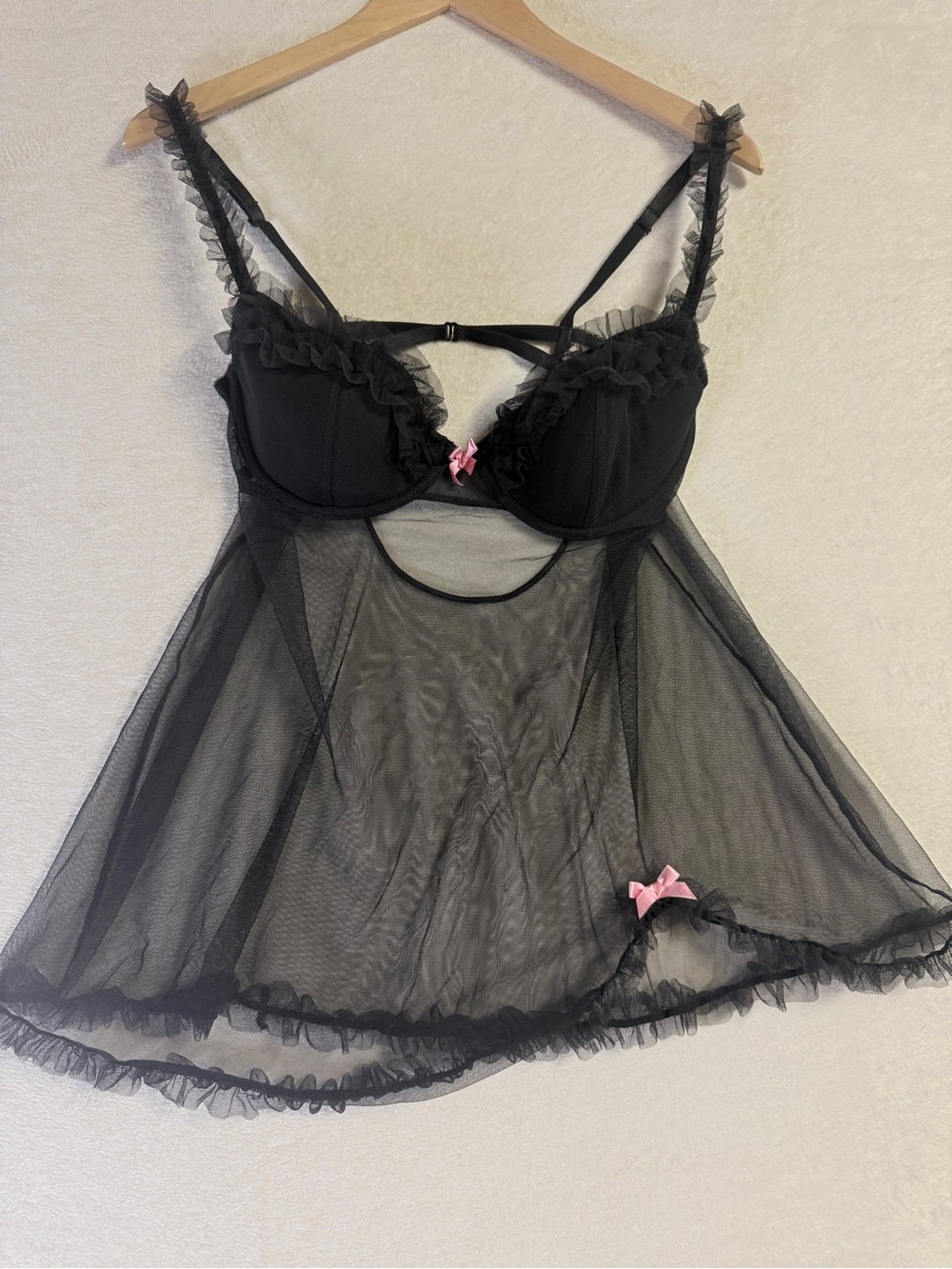 Victoria Secret Mesh Babydoll Nightdress with Pink Bow Accents